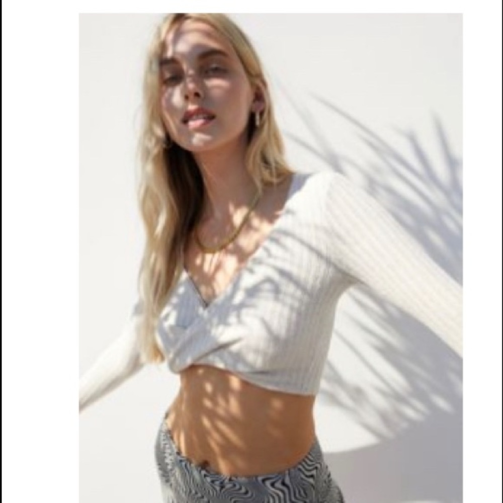 UO Cream Cosy Long Sleeve Twist Front Top